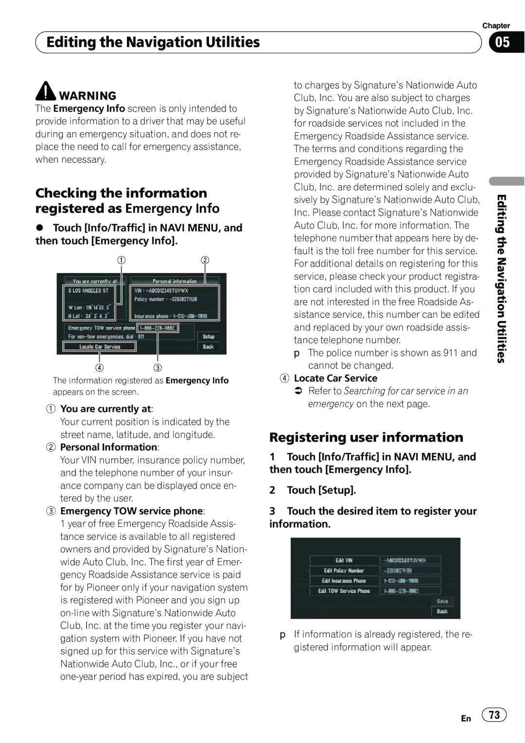 Pioneer AVIC-N5 Checking the information registered as Emergency Info, Registering user information, You are currently at 