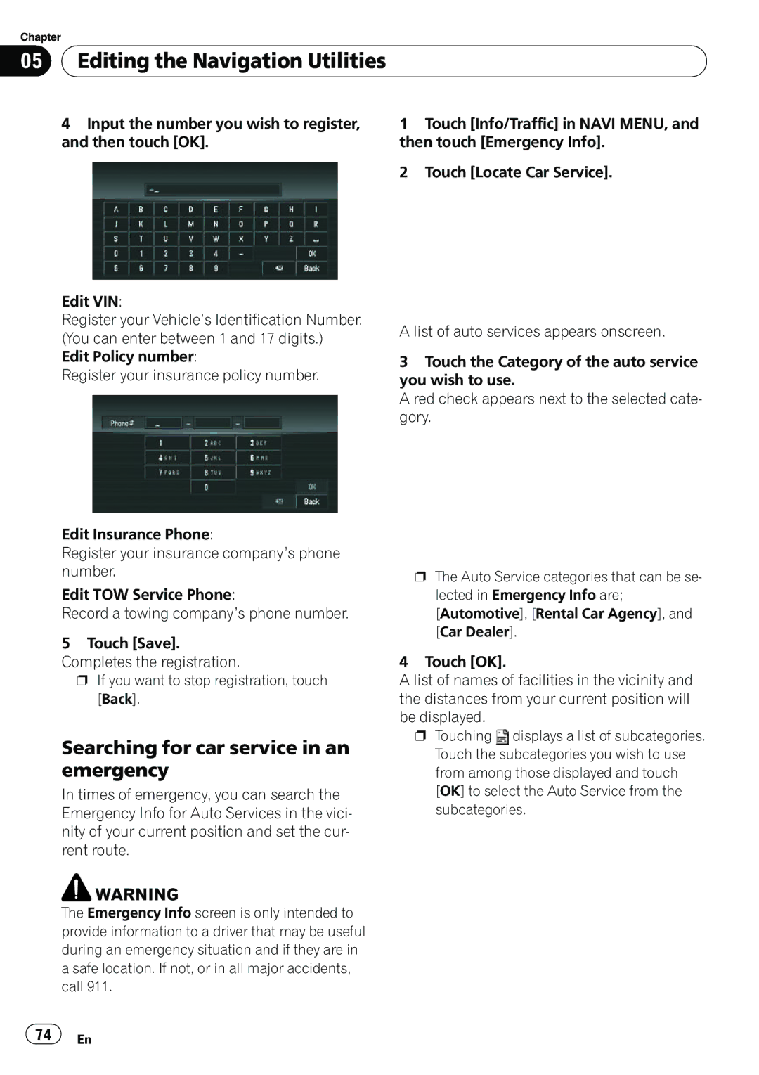 Pioneer AVIC-N5 operation manual Searching for car service in an emergency 