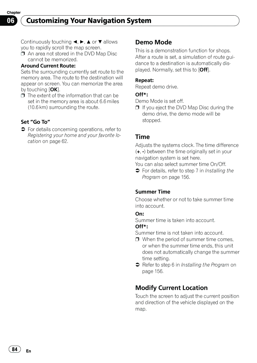 Pioneer AVIC-N5 operation manual Demo Mode, Modify Current Location, Set Go To, Summer Time 