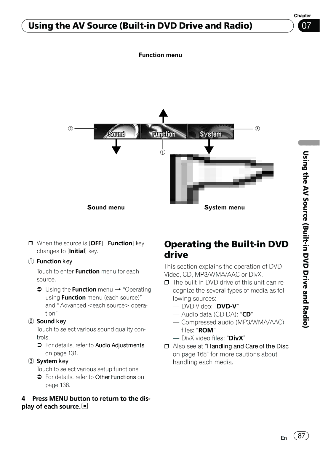 Pioneer AVIC-N5 operation manual Operating the Built-in DVD drive, Using the AV Source Built, DVD Drive and Radio 