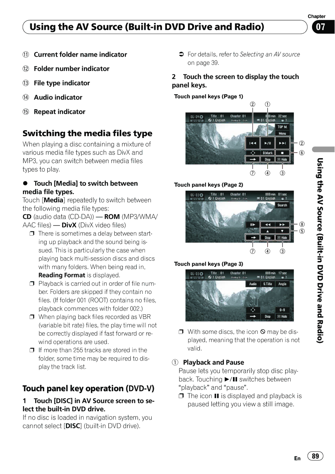 Pioneer AVIC-N5 operation manual Switching the media files type, Touch panel key operation DVD-V, Repeat indicator 