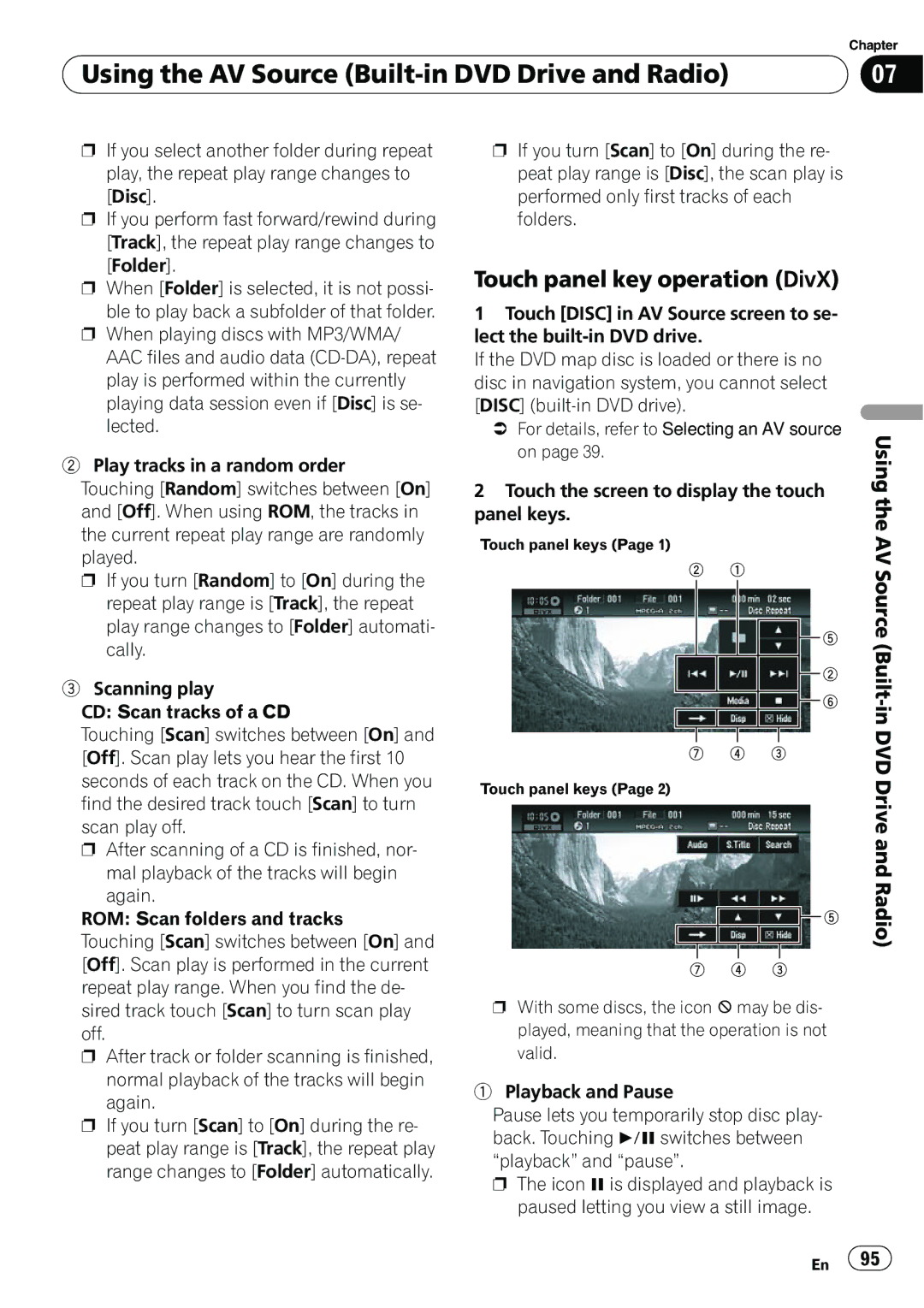 Pioneer AVIC-N5 operation manual Touch panel key operation DivX, Radio 