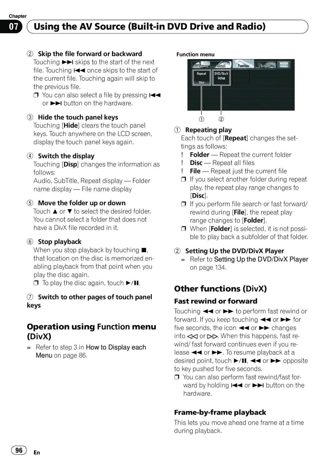 Pioneer AVIC-N5 operation manual Operation using Function menu DivX, Other functions DivX, Fast rewind or forward 