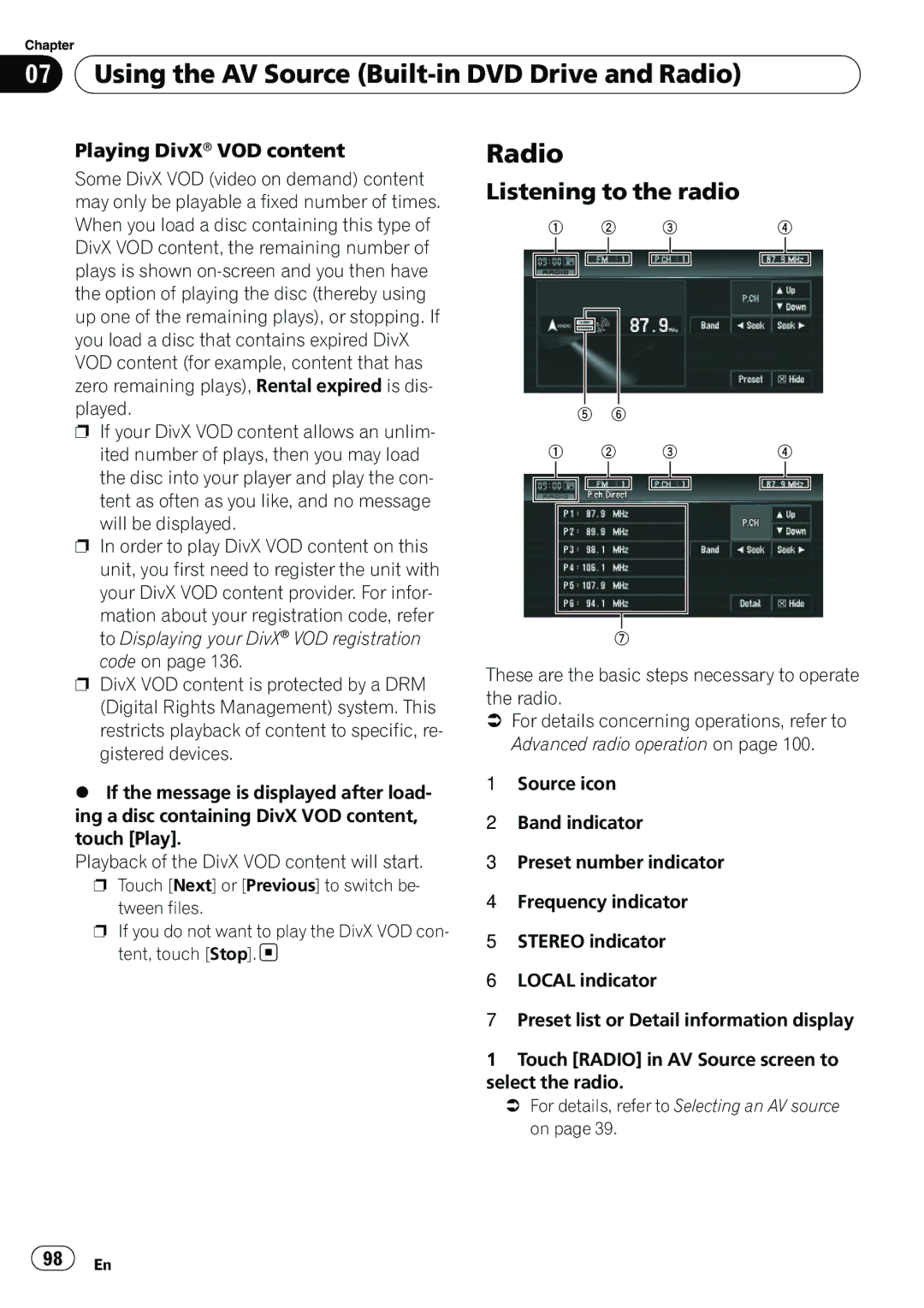 Pioneer AVIC-N5 operation manual Radio, Listening to the radio, Playing DivX VOD content 