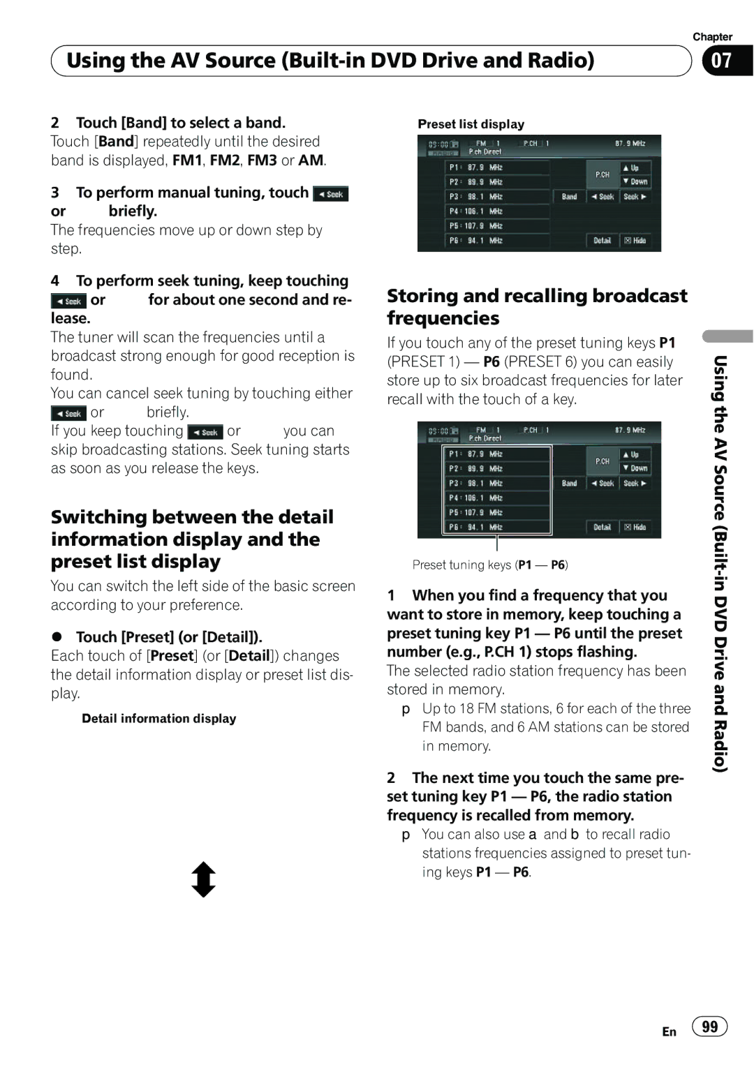 Pioneer AVIC-N5 operation manual Storing and recalling broadcast frequencies, AV Source Built, Drive 