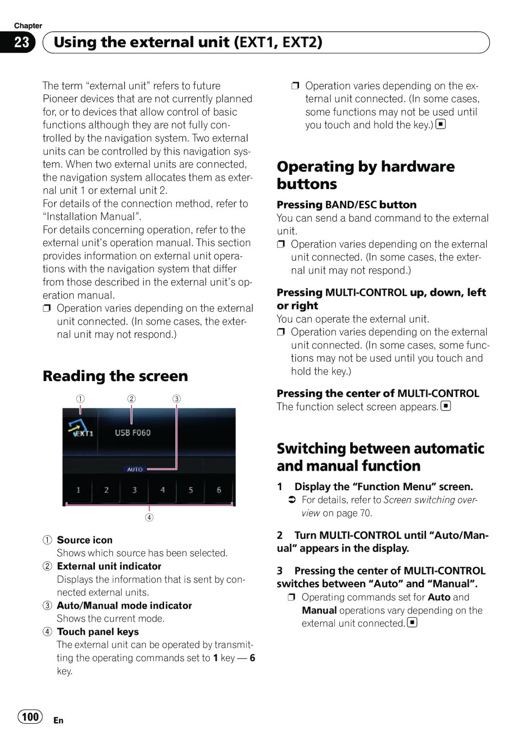 Pioneer AVIC-U310BT operation manual Using the external unit EXT1, EXT2, Switching between automatic and manual function 