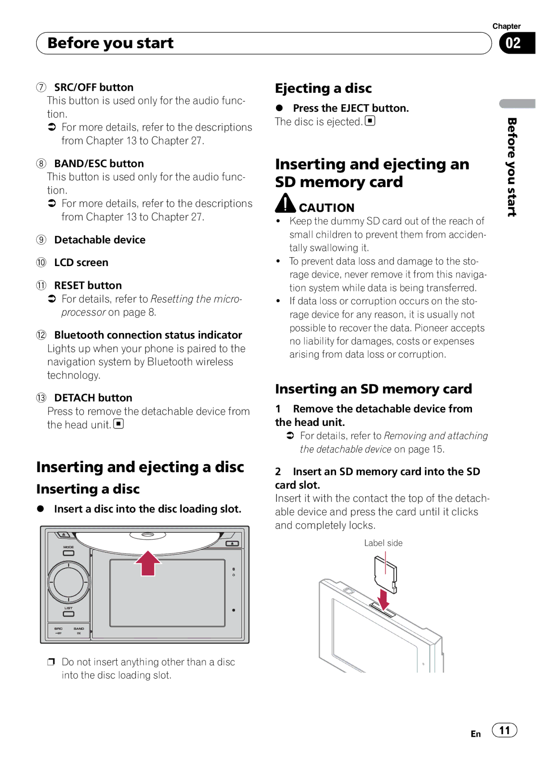 Pioneer AVIC-U310BT Before you start, Inserting and ejecting an SD memory card, Inserting and ejecting a disc 