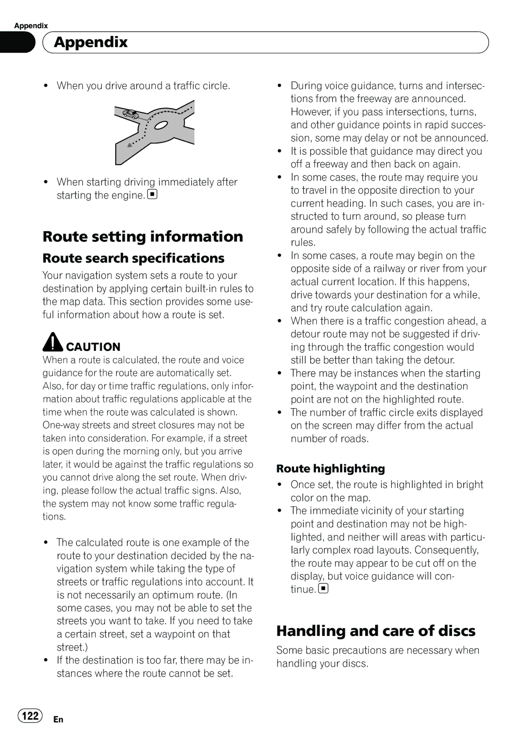 Pioneer AVIC-U310BT operation manual Route setting information, Handling and care of discs, Route search specifications 