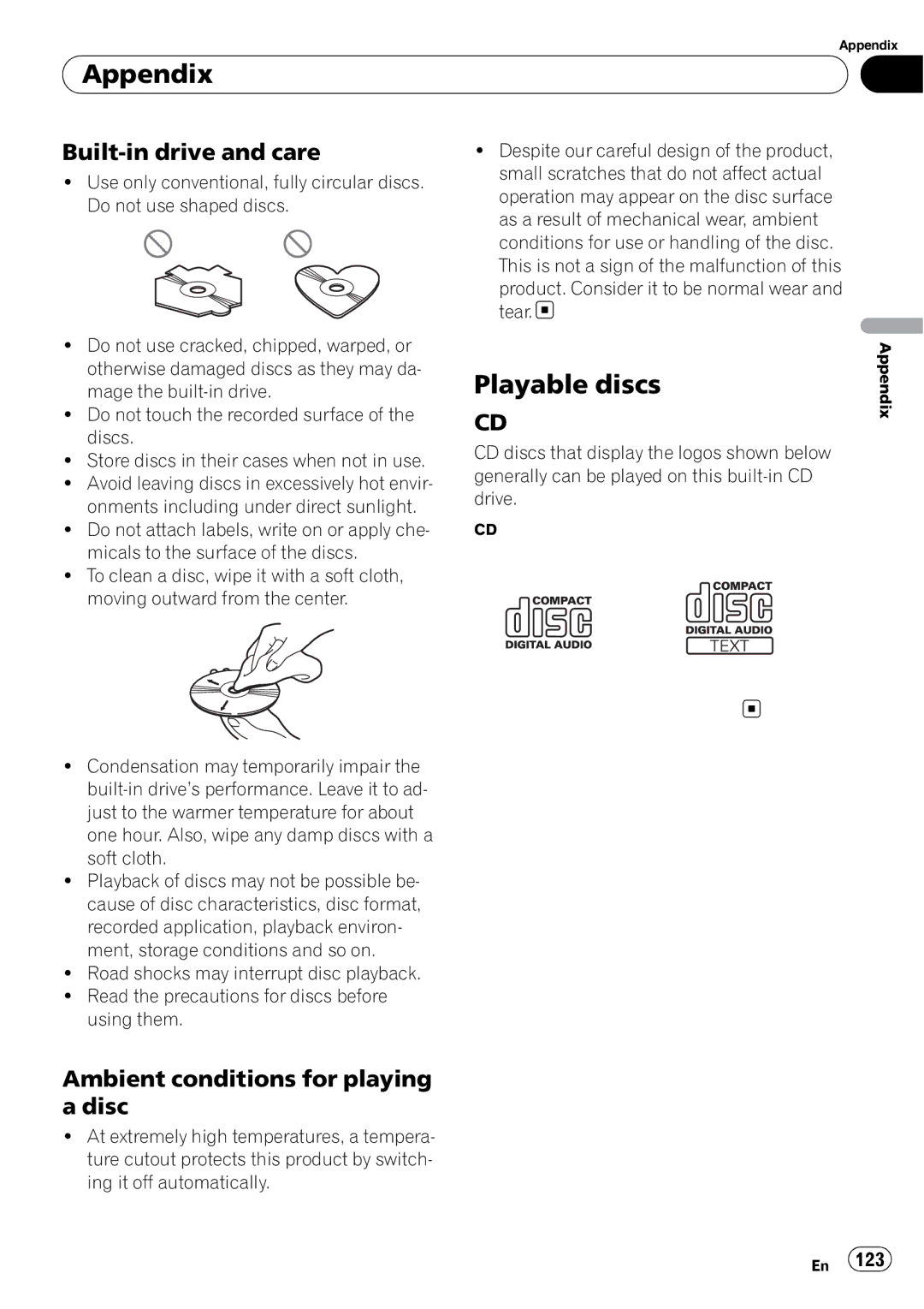 Pioneer AVIC-U310BT operation manual Playable discs, Built-in drive and care, Ambient conditions for playing a disc 