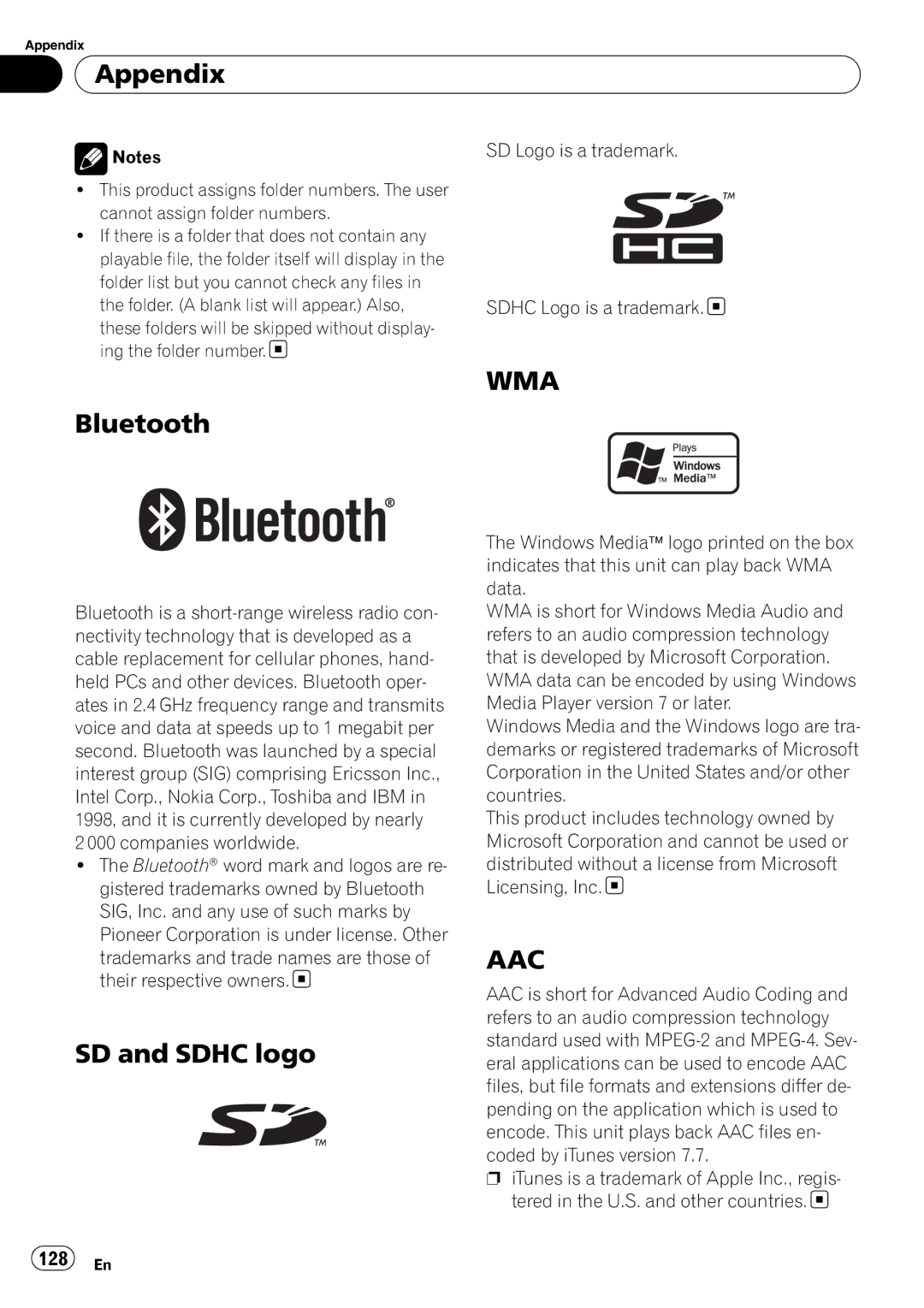 Pioneer AVIC-U310BT operation manual Bluetooth, SD and Sdhc logo 