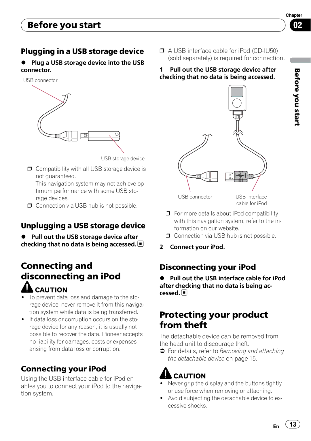 Pioneer AVIC-U310BT operation manual Connecting and disconnecting an iPod, Protecting your product from theft 