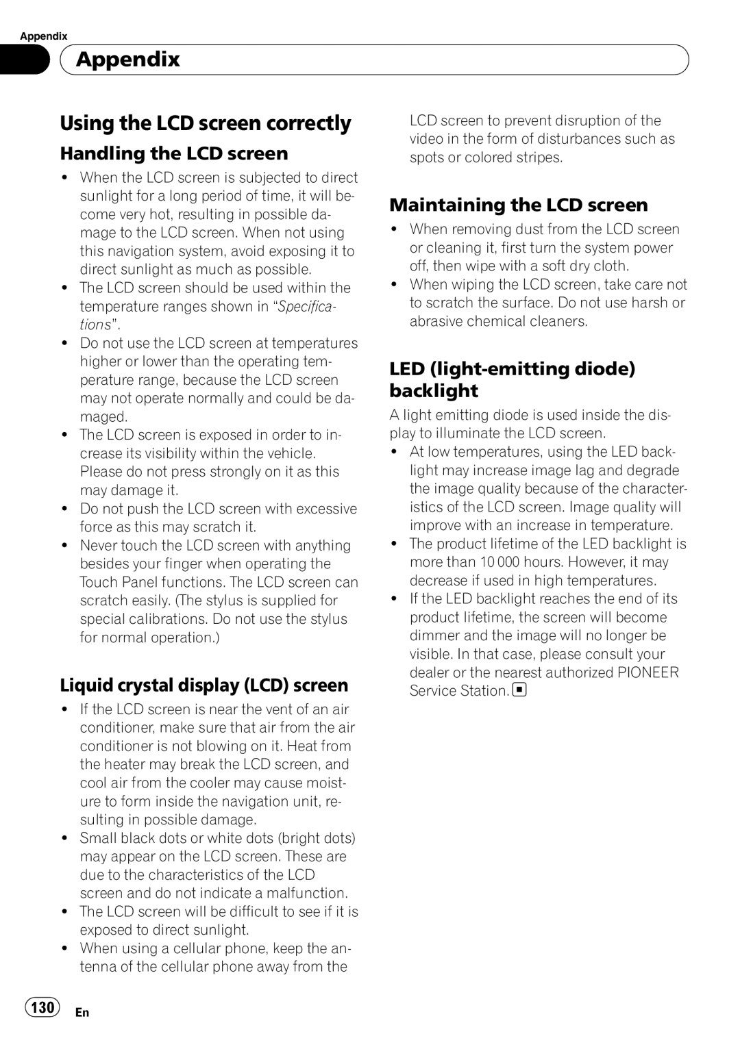 Pioneer AVIC-U310BT operation manual Appendix Using the LCD screen correctly 