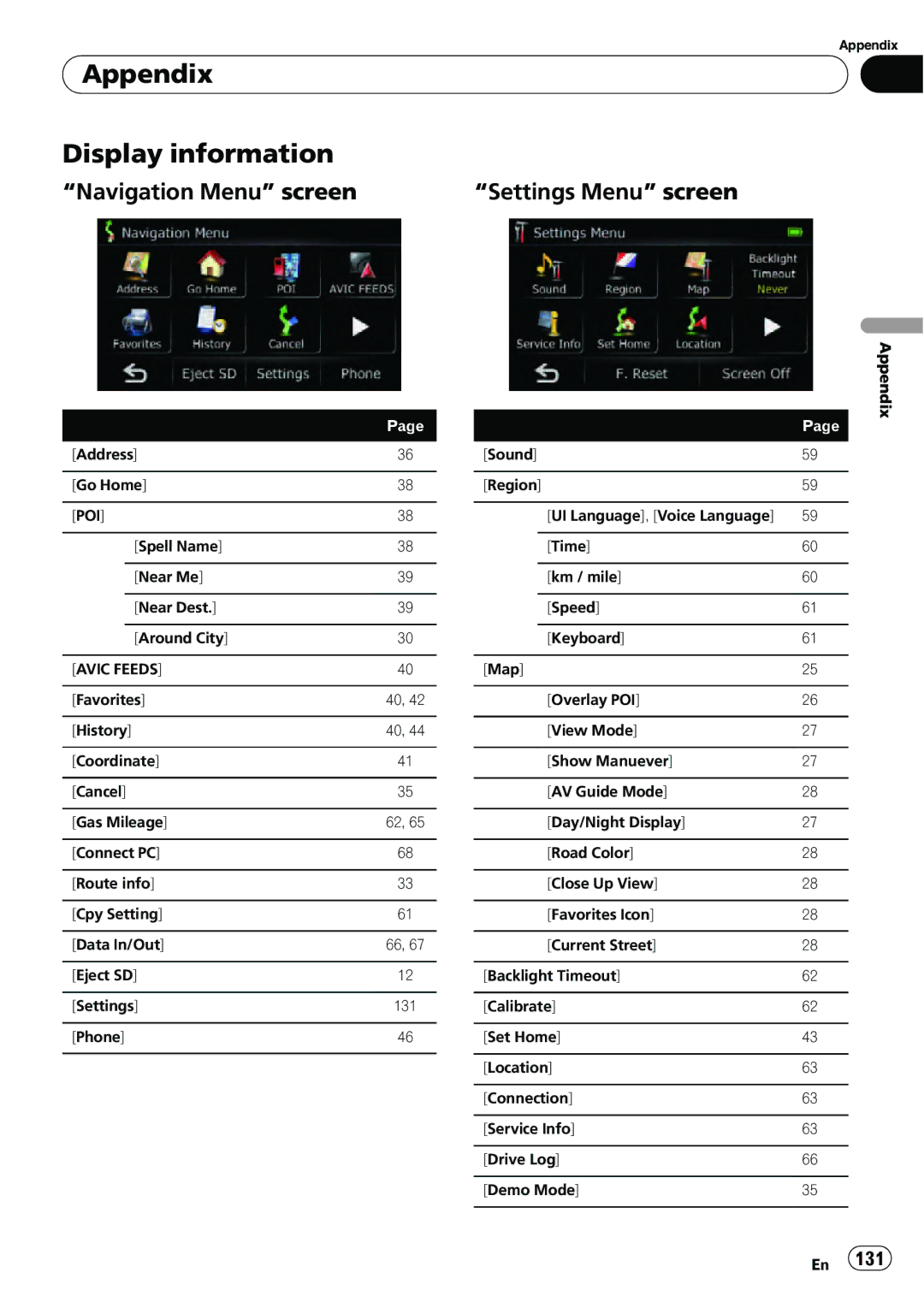 Pioneer AVIC-U310BT operation manual Appendix Display information, Navigation Menu screen Settings Menu screen 