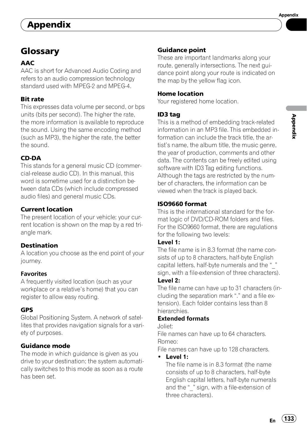 Pioneer AVIC-U310BT operation manual Appendix Glossary, Cd-Da 