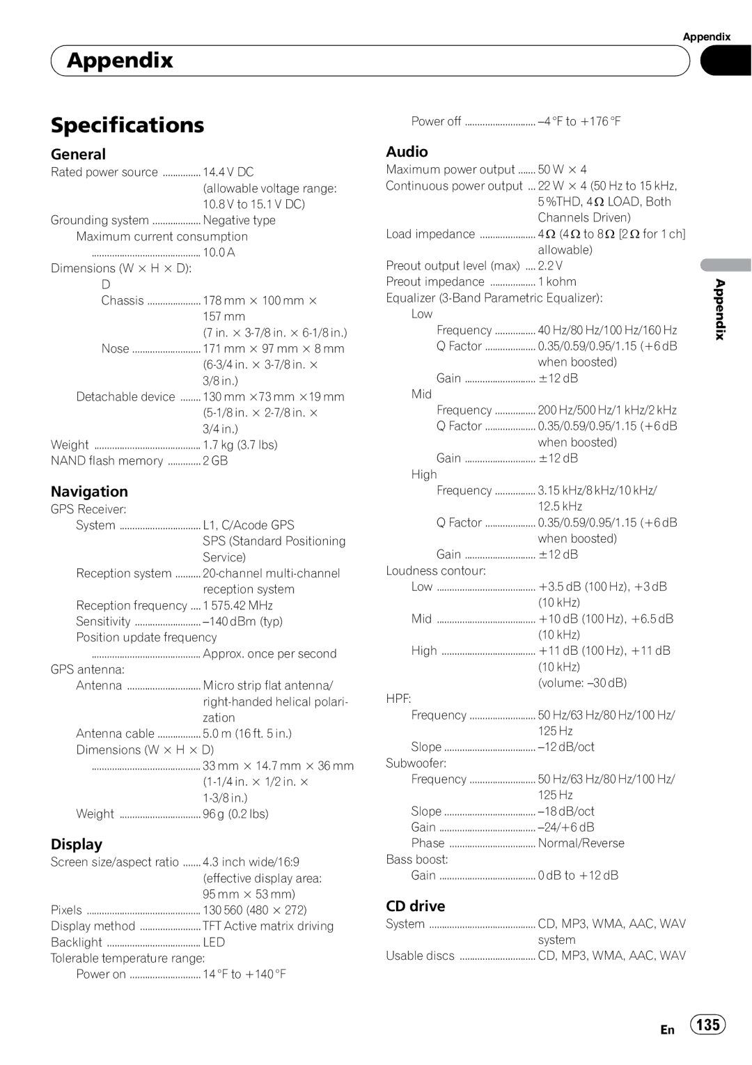 Pioneer AVIC-U310BT operation manual Appendix Specifications, General Audio 