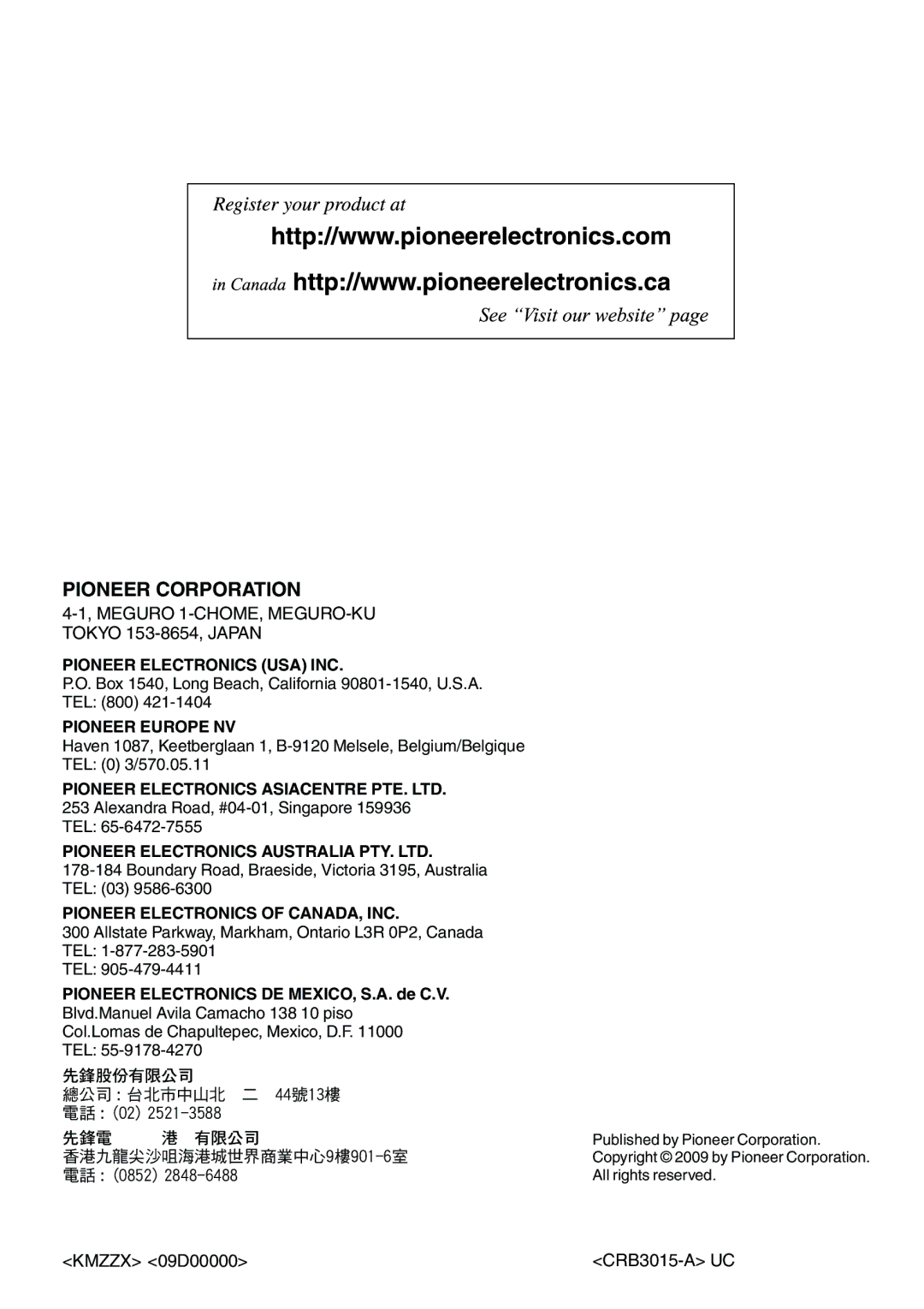 Pioneer AVIC-U310BT operation manual Pioneer Corporation 