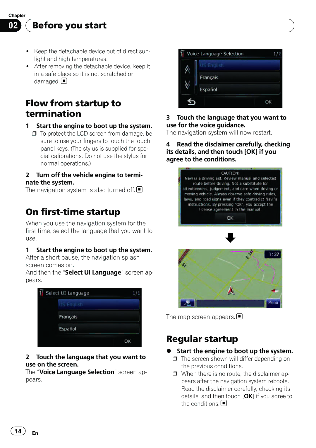 Pioneer AVIC-U310BT operation manual Flow from startup to termination, On first-time startup, Regular startup 