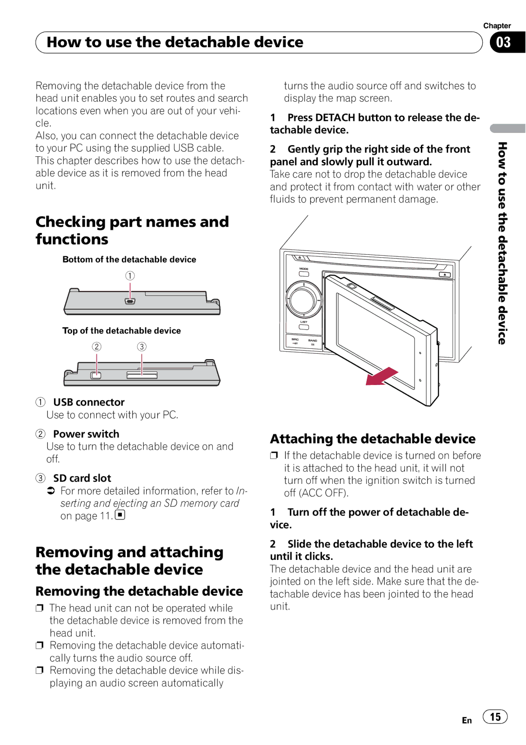 Pioneer AVIC-U310BT operation manual How to use the detachable device, Removing and attaching the detachable device 