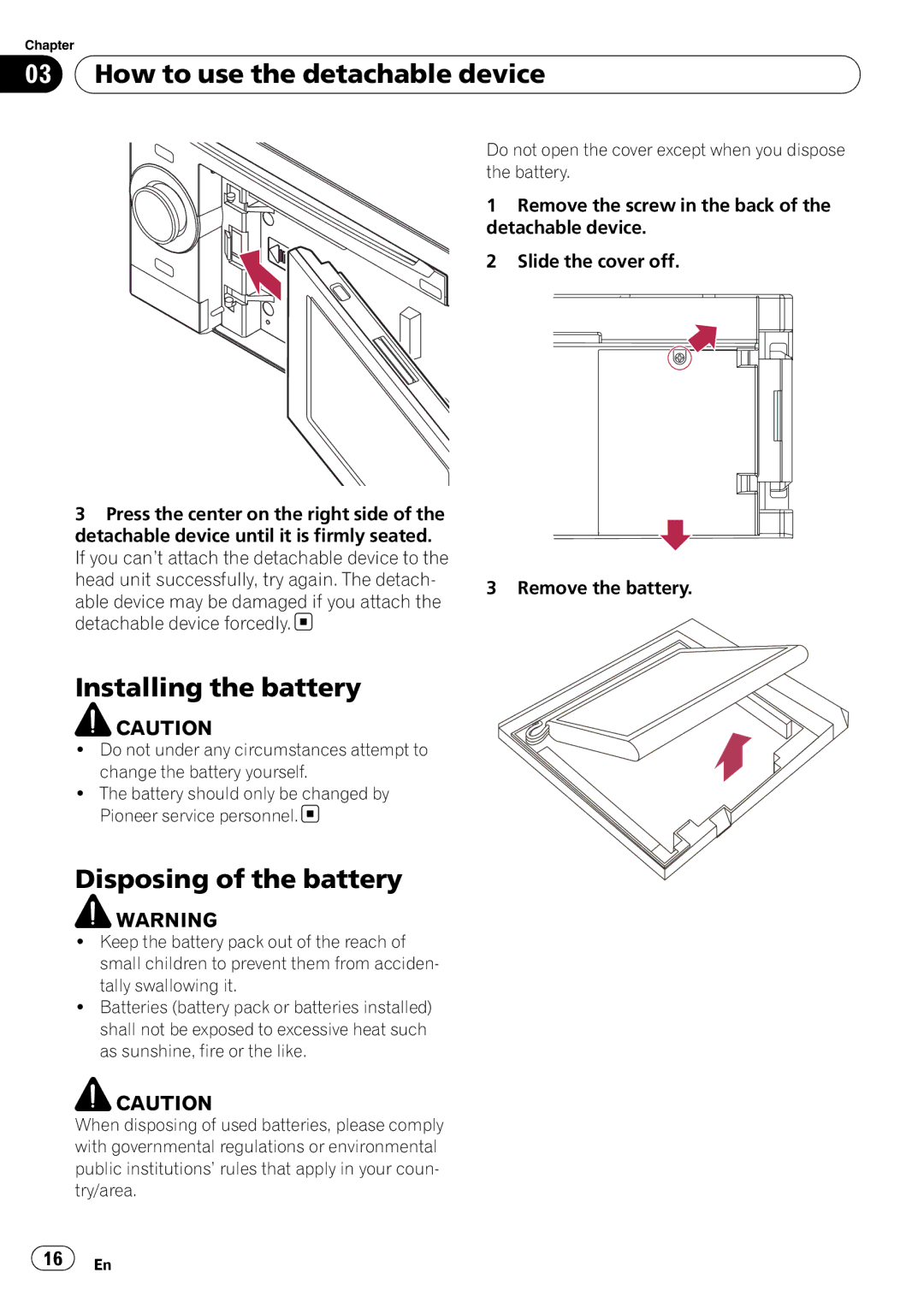 Pioneer AVIC-U310BT operation manual Installing the battery, Disposing of the battery 