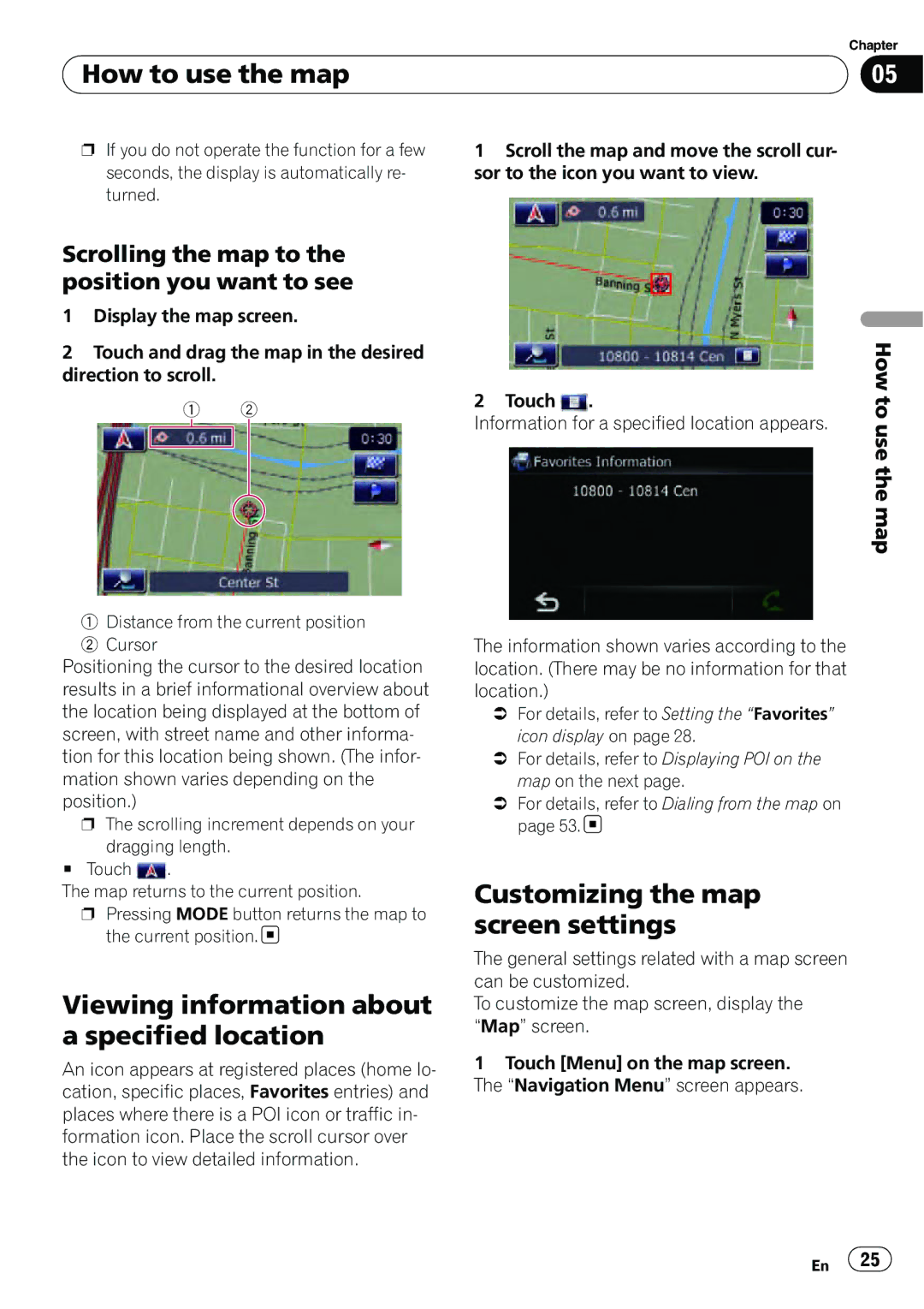 Pioneer AVIC-U310BT operation manual Viewing information about a specified location, Customizing the map screen settings 