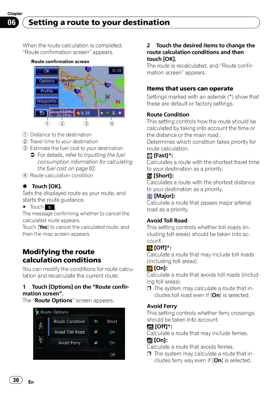 Pioneer AVIC-U310BT operation manual Modifying the route calculation conditions, Items that users can operate 