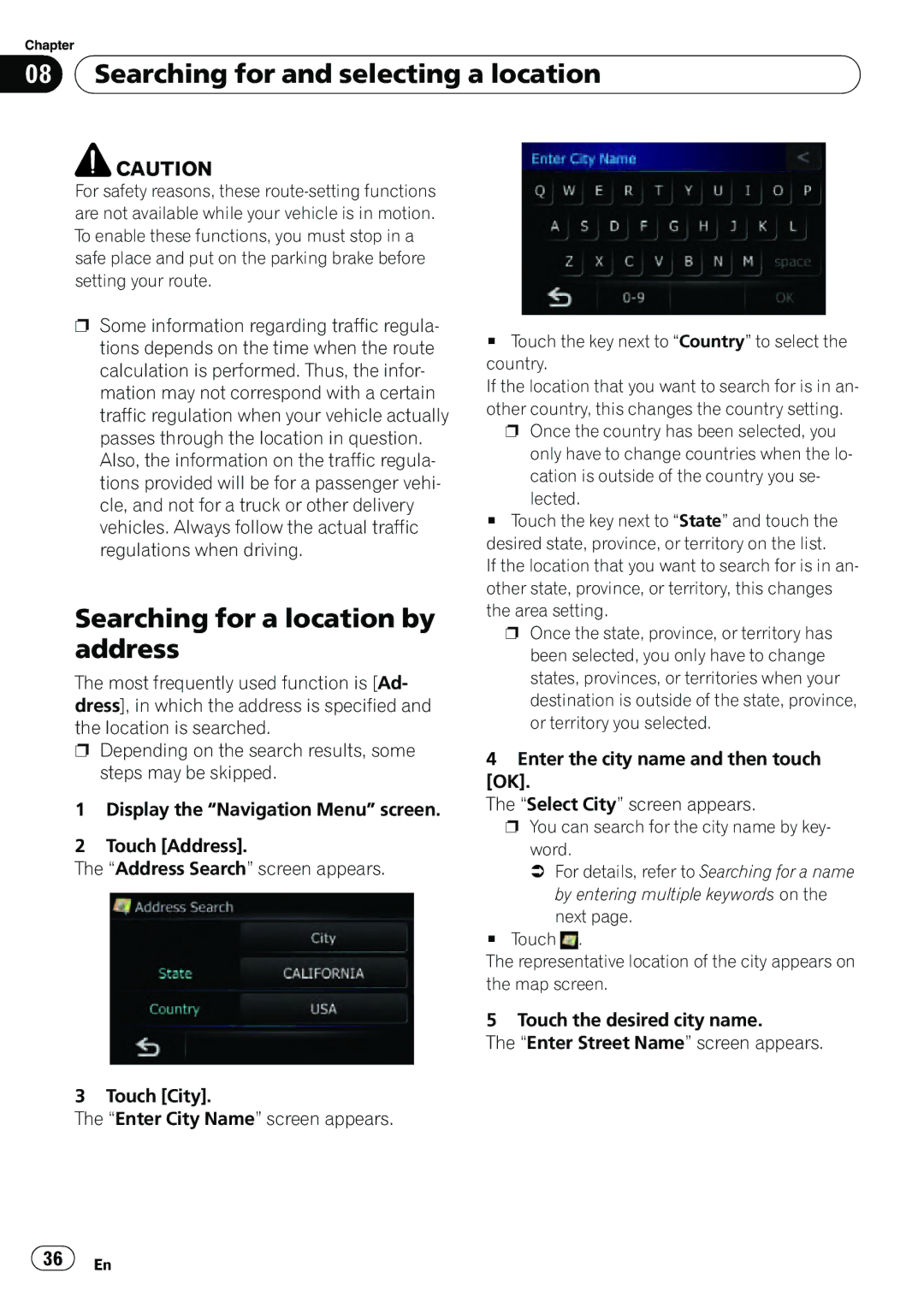 Pioneer AVIC-U310BT operation manual Searching for and selecting a location, Searching for a location by address 