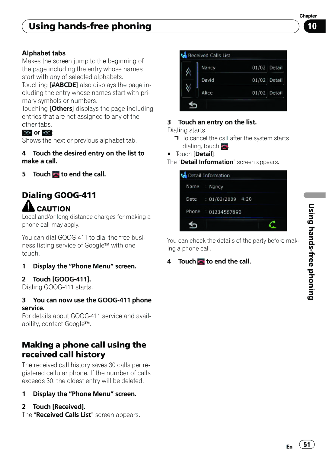 Pioneer AVIC-U310BT operation manual Dialing GOOG-411, Making a phone call using the received call history 