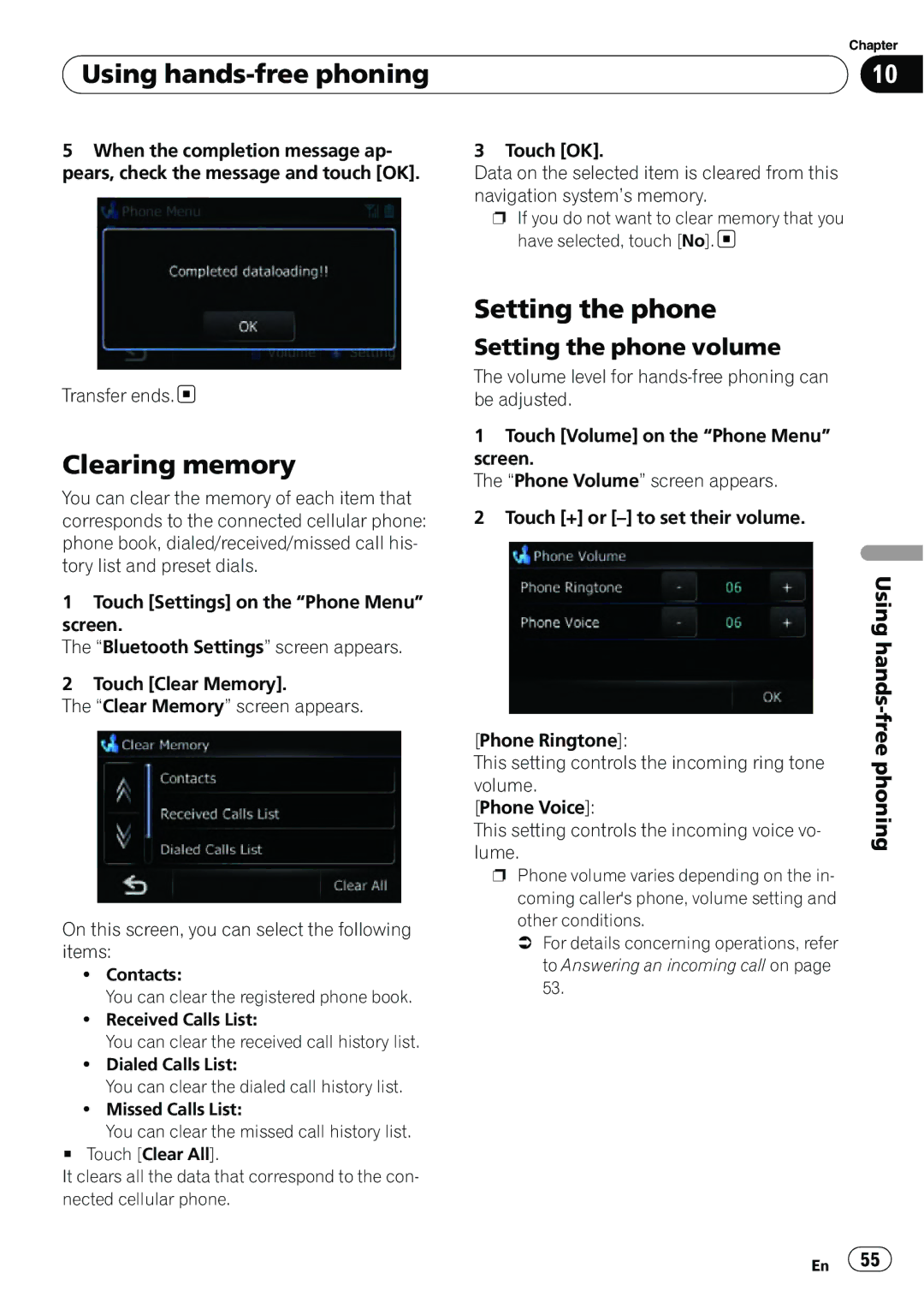 Pioneer AVIC-U310BT operation manual Clearing memory, Setting the phone volume 