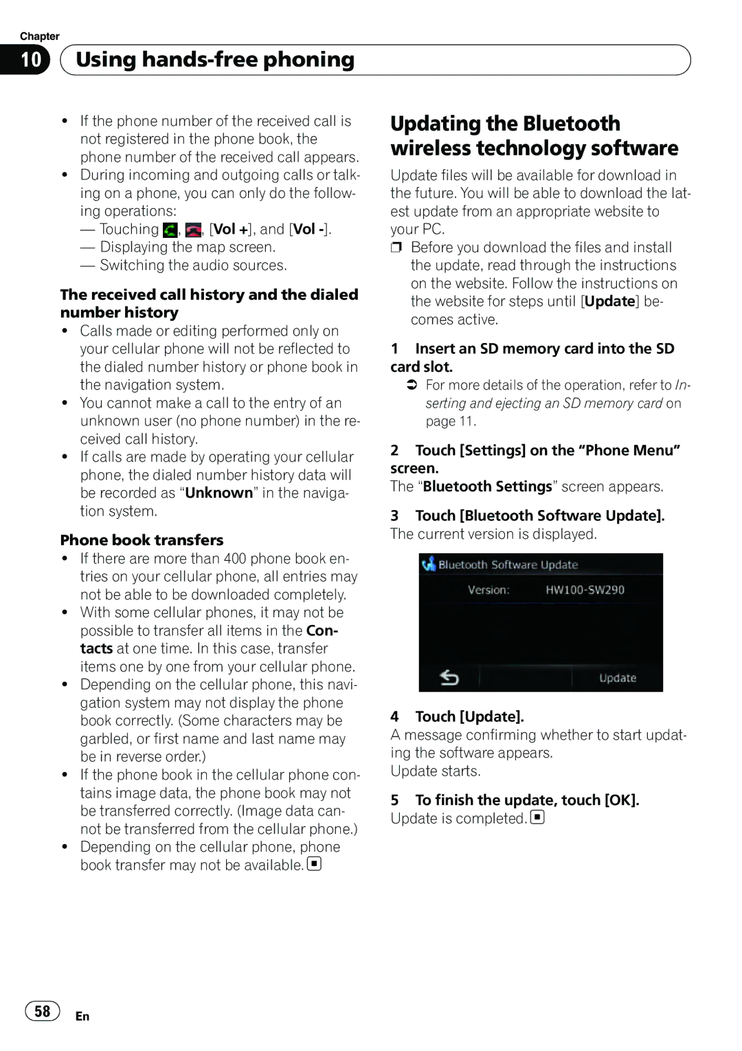 Pioneer AVIC-U310BT operation manual Updating the Bluetooth, Wireless technology software 