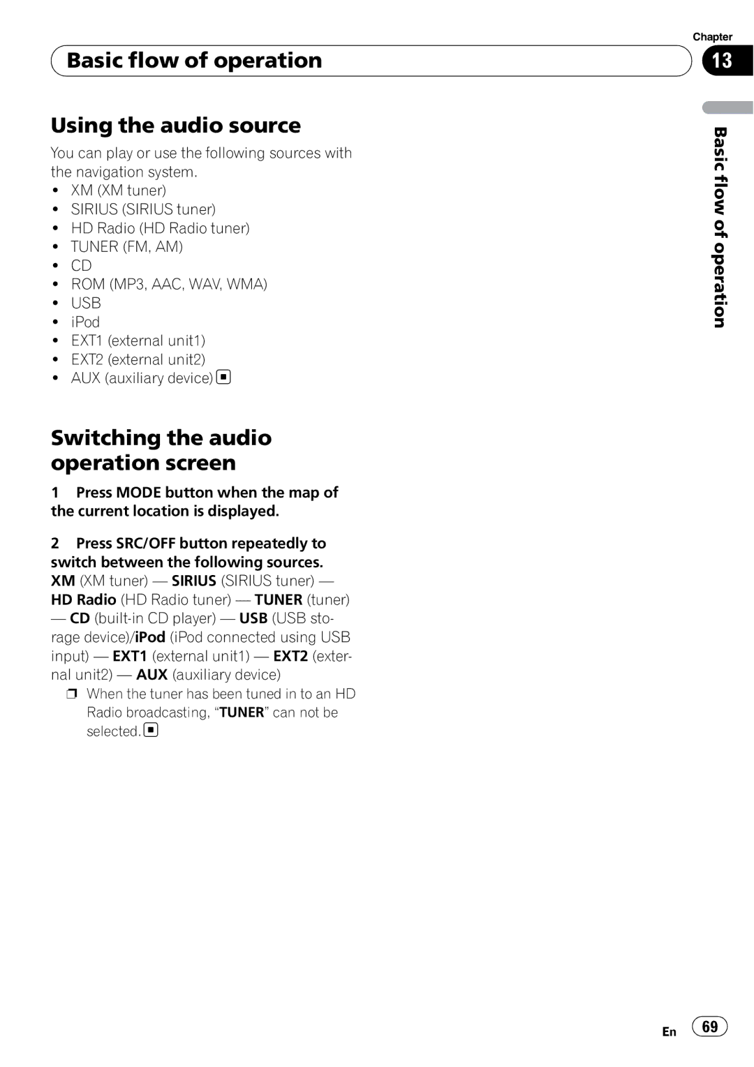 Pioneer AVIC-U310BT operation manual Basic flow of operation Using the audio source, Switching the audio operation screen 