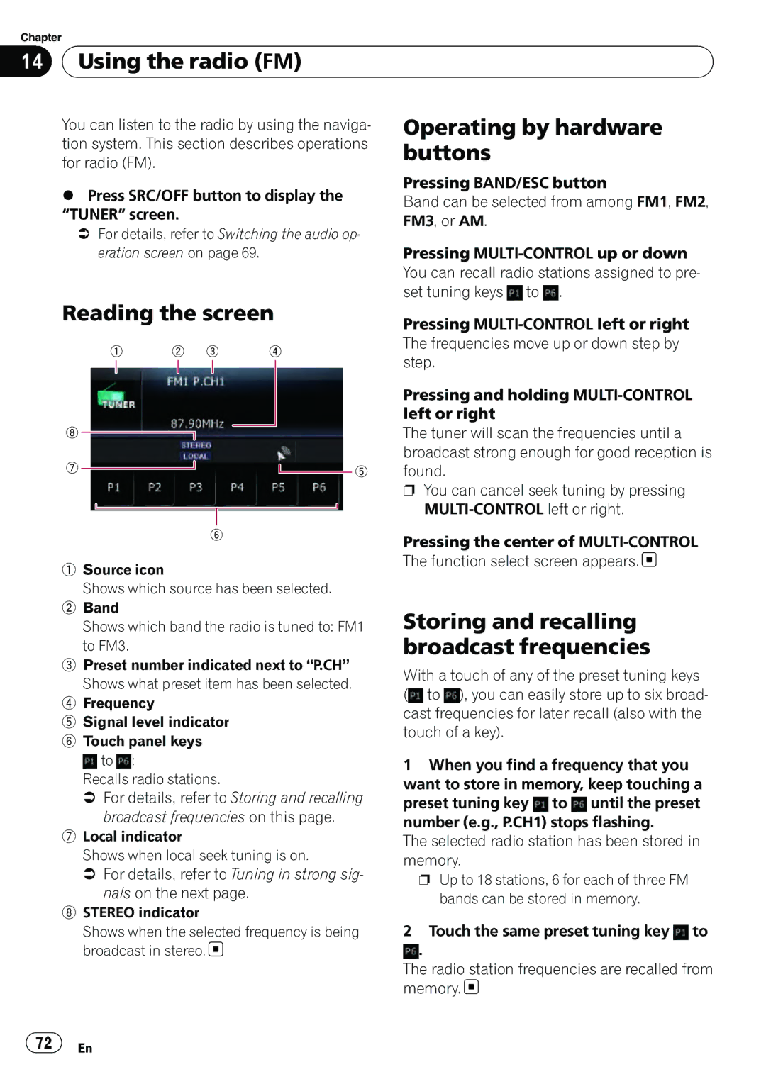 Pioneer AVIC-U310BT Using the radio FM, Operating by hardware, Buttons, Reading the screen, Storing and recalling 