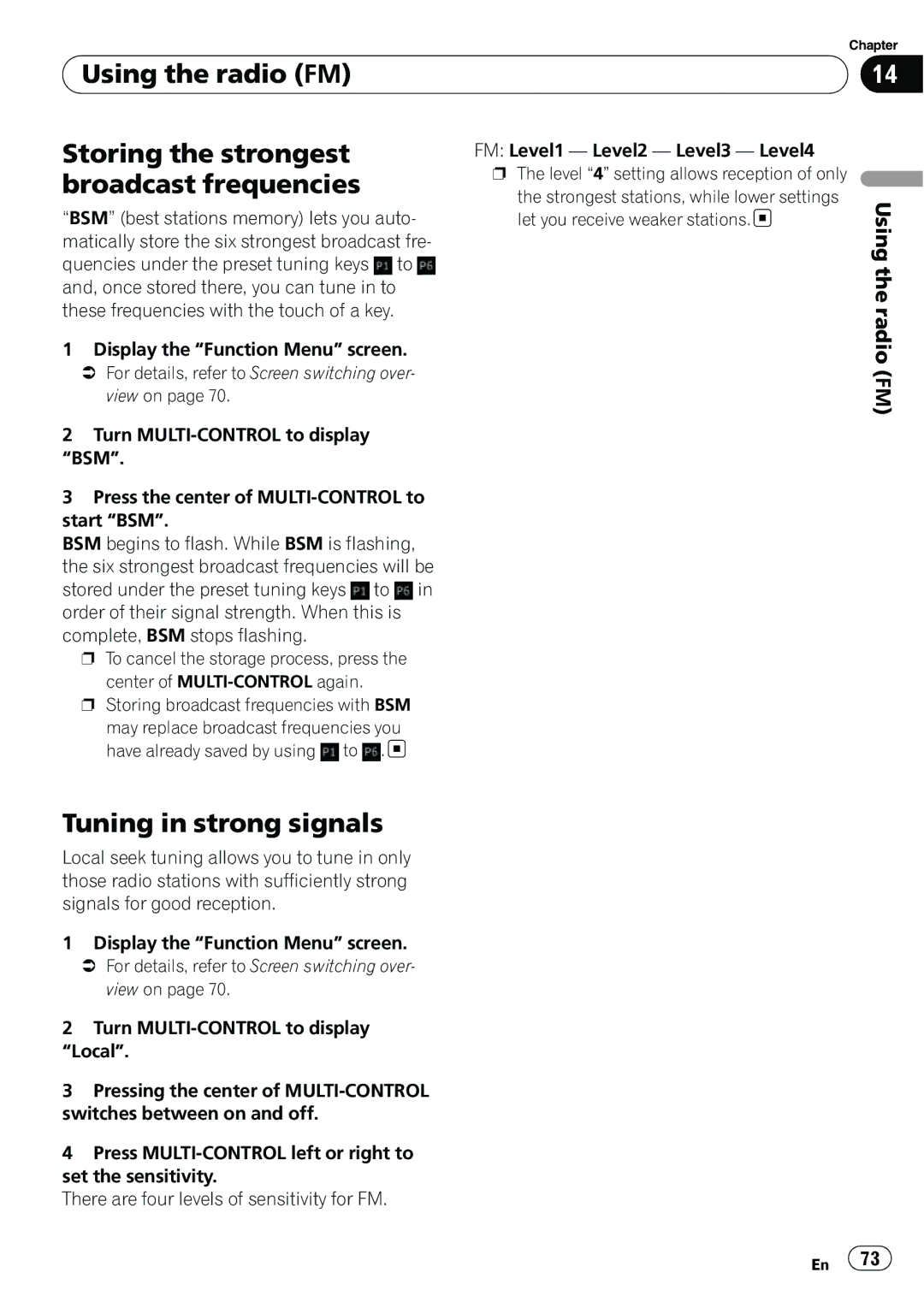 Pioneer AVIC-U310BT operation manual Tuning in strong signals, Using the radio FM 