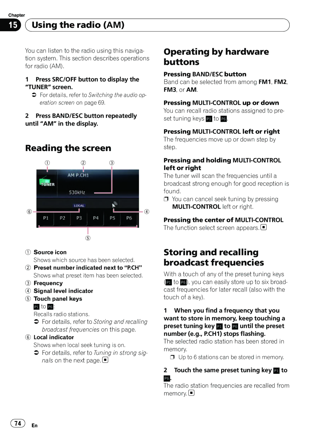 Pioneer AVIC-U310BT operation manual Using the radio AM, Storing and recalling broadcast frequencies 