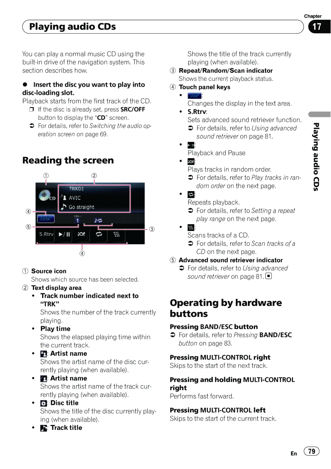 Pioneer AVIC-U310BT operation manual Playing audio CDs, Operating by hardware buttons 