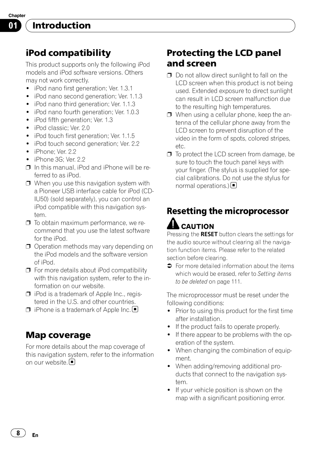 Pioneer AVIC-U310BT Introduction IPod compatibility Protecting the LCD panel, Screen, Resetting the microprocessor 