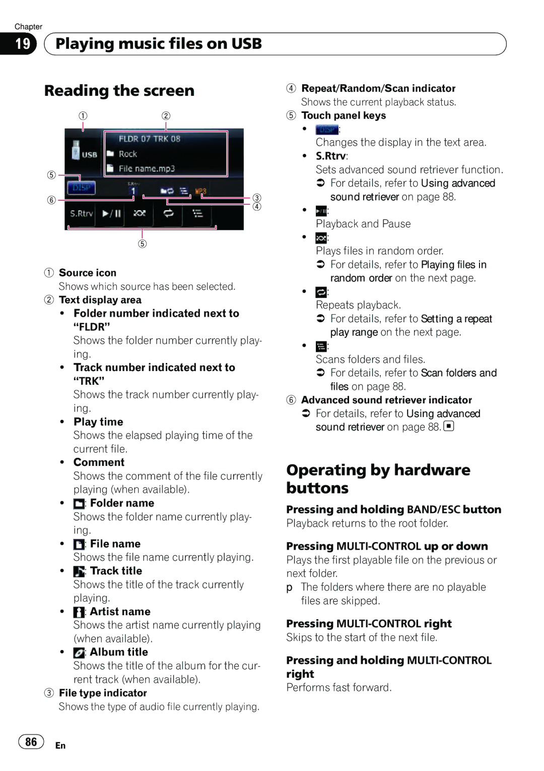 Pioneer AVIC-U310BT operation manual Playing music files on USB Reading the screen, Fldr 