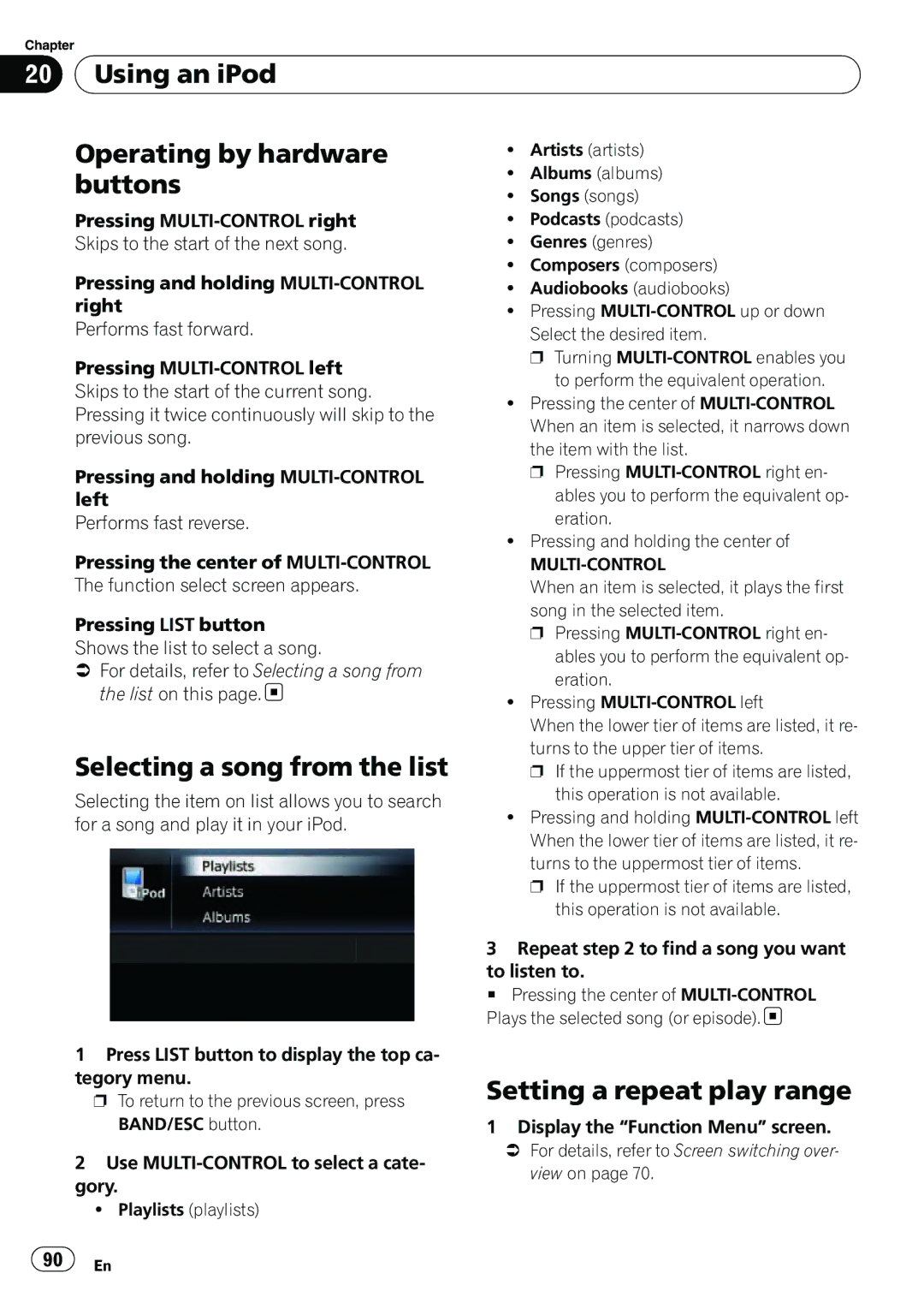 Pioneer AVIC-U310BT operation manual Using an iPod Operating by hardware, Selecting a song from the list 