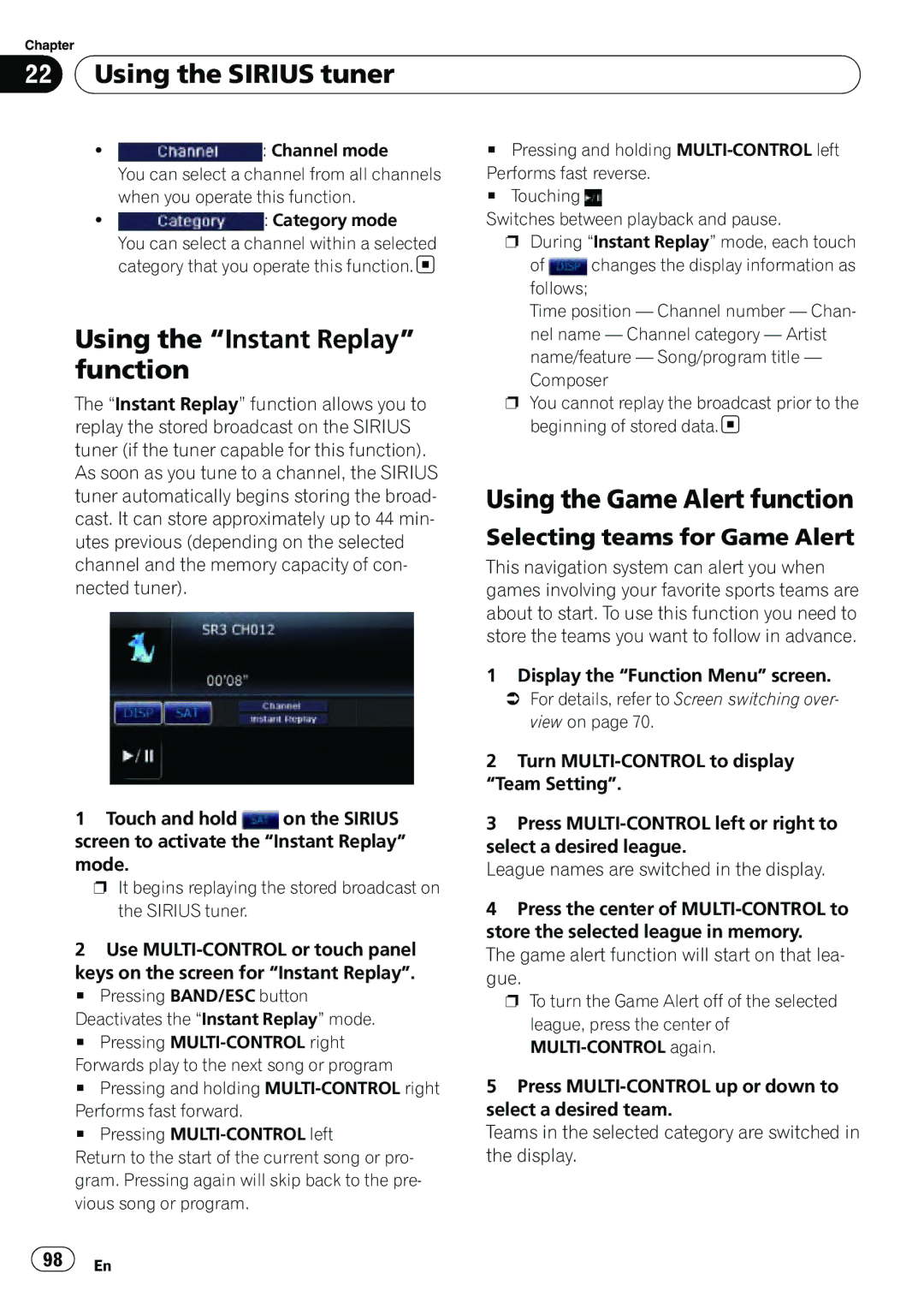 Pioneer AVIC-U310BT Using the Instant Replay function, Using the Game Alert function, Selecting teams for Game Alert 