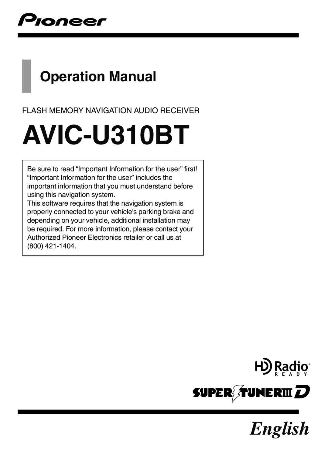 Pioneer AVIC-U310BT operation manual Flash Memory Navigation Audio Receiver, English, Operation Manual 