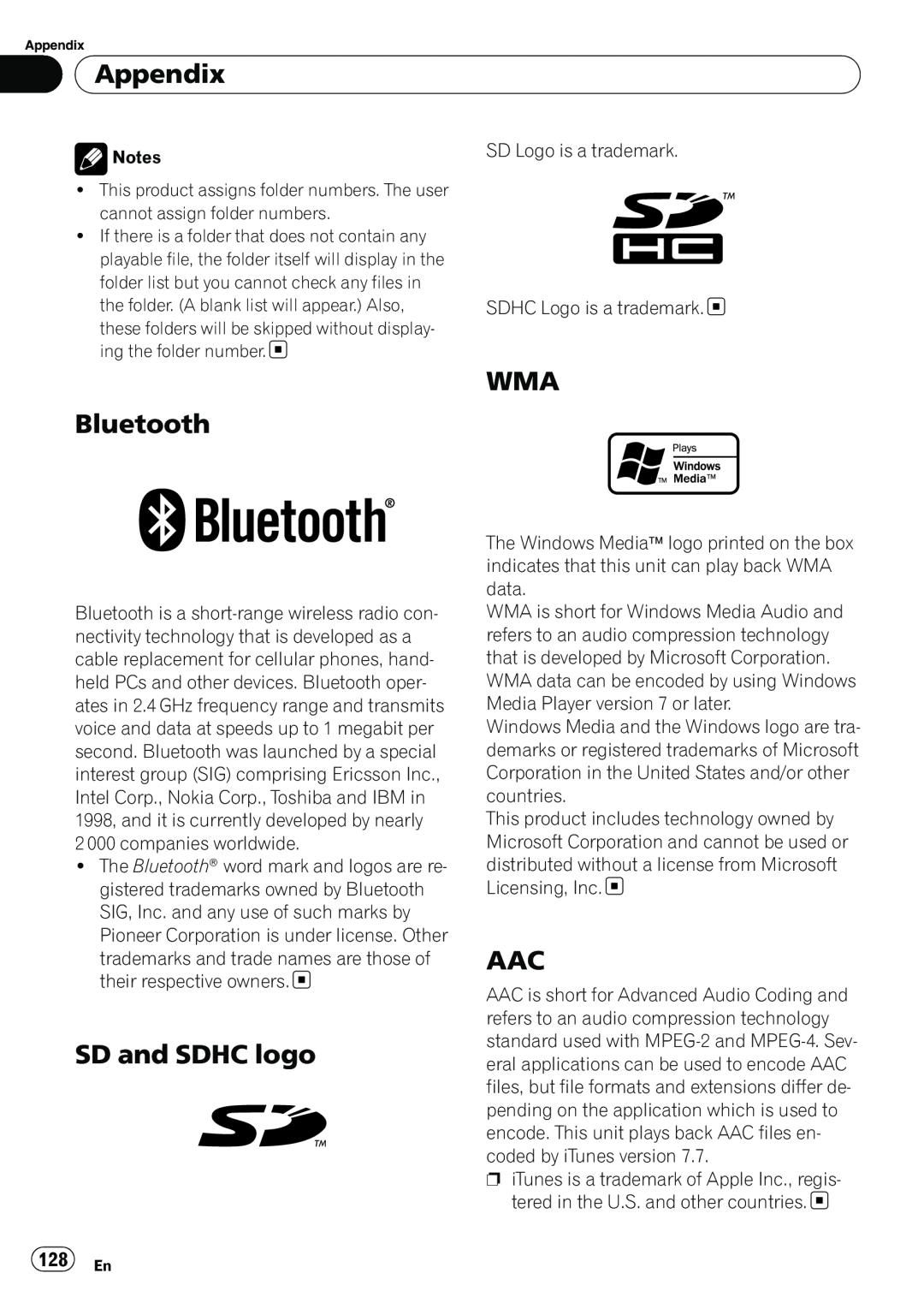 Pioneer AVIC-U310BT operation manual WMA Bluetooth, SD and SDHC logo, Appendix, 128 En 