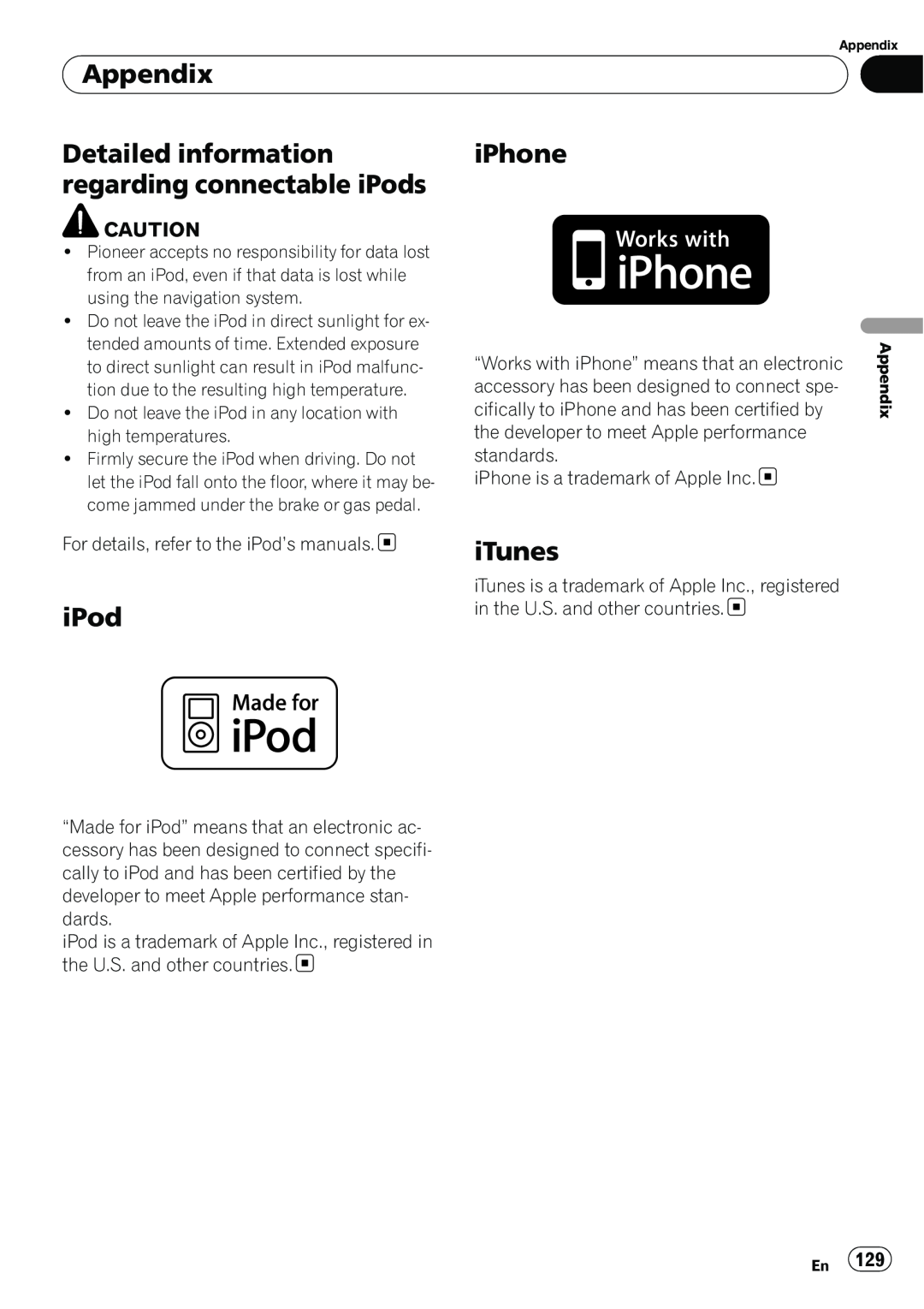 Pioneer AVIC-U310BT operation manual Detailed information, iPhone, regarding connectable iPods, iTunes, Appendix 