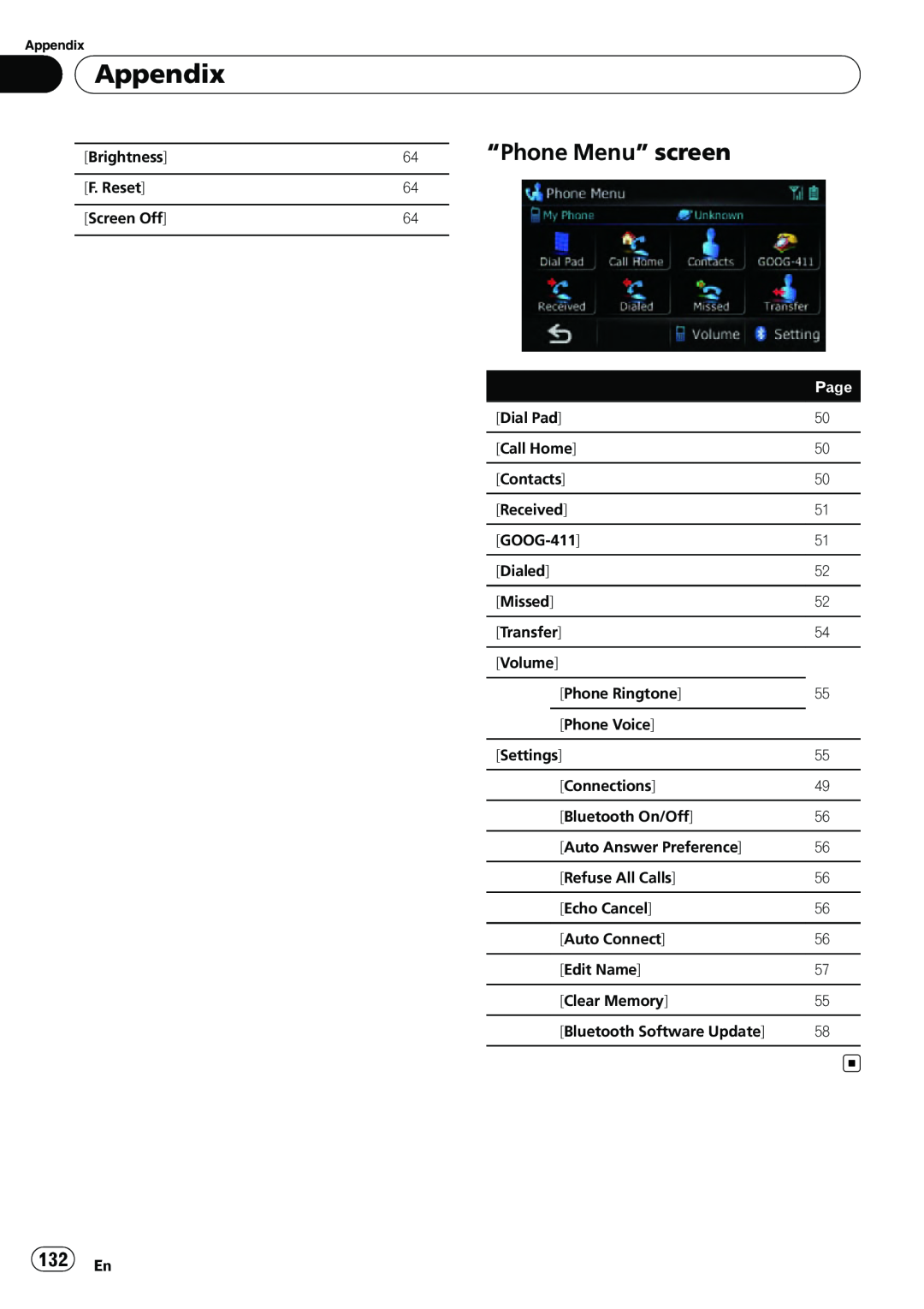 Pioneer AVIC-U310BT operation manual “Phone Menu” screen, Appendix, 132 En, Page 