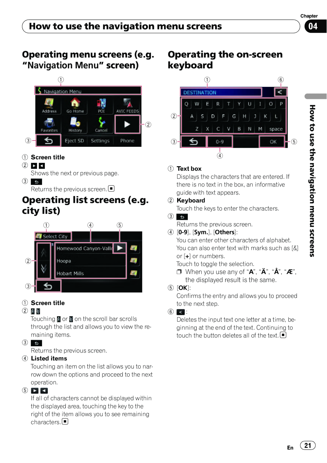 Pioneer AVIC-U310BT operation manual How to use the navigation menu screens, Operating list screens e.g. city list 