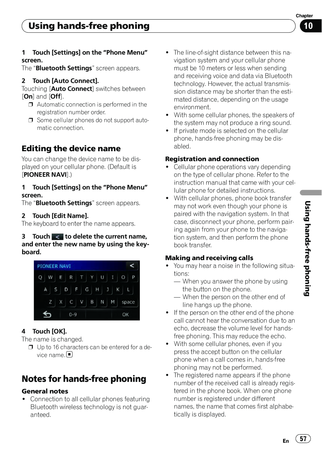 Pioneer AVIC-U310BT operation manual Notes for hands-freephoning, Editing the device name, Using hands-freephoning 