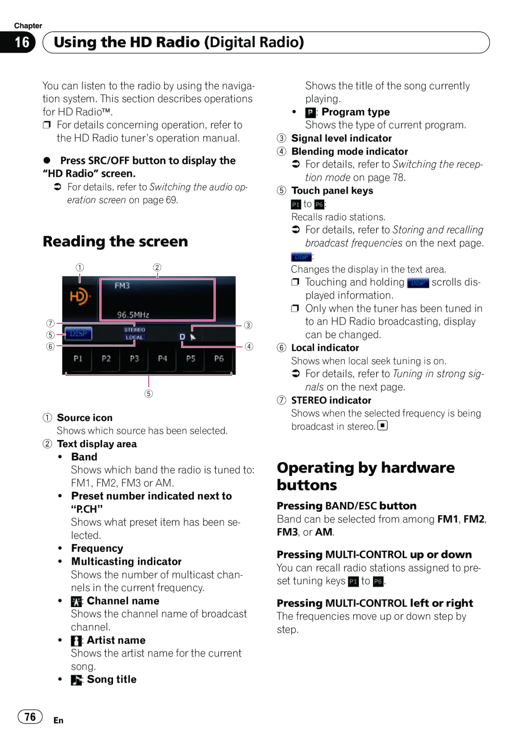 Pioneer AVIC-U310BT operation manual Using the HD Radio Digital Radio, Reading the screen, Operating by hardware, buttons 