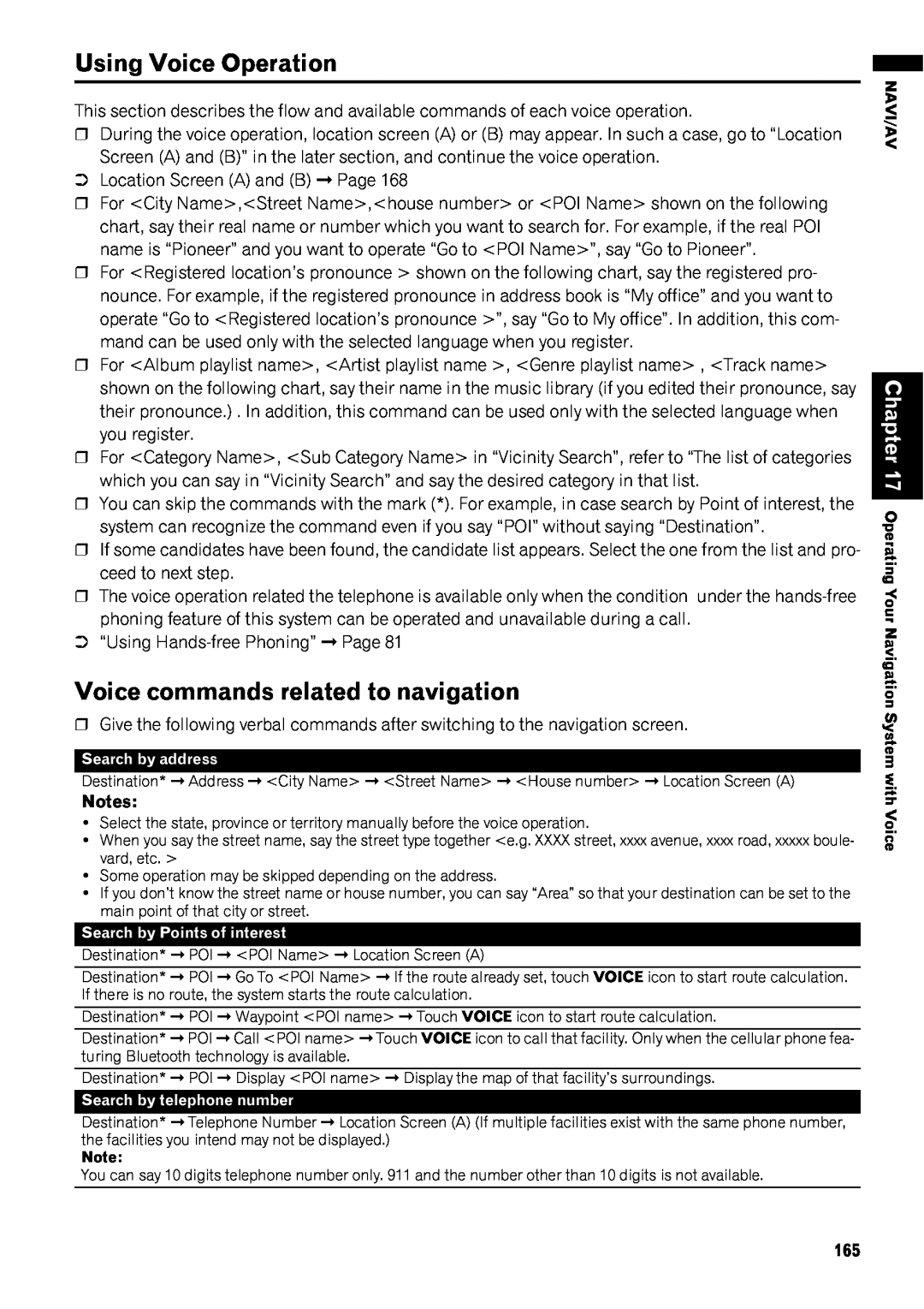 Pioneer AVIC-Z1 operation manual Using Voice Operation, Voice commands related to navigation, Chapter, Search by address 