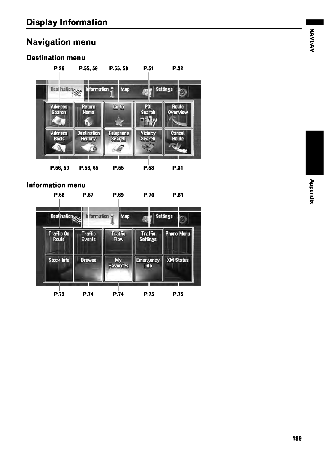 Pioneer AVIC-Z1 operation manual Display Information Navigation menu, Destination menu, Information menu 