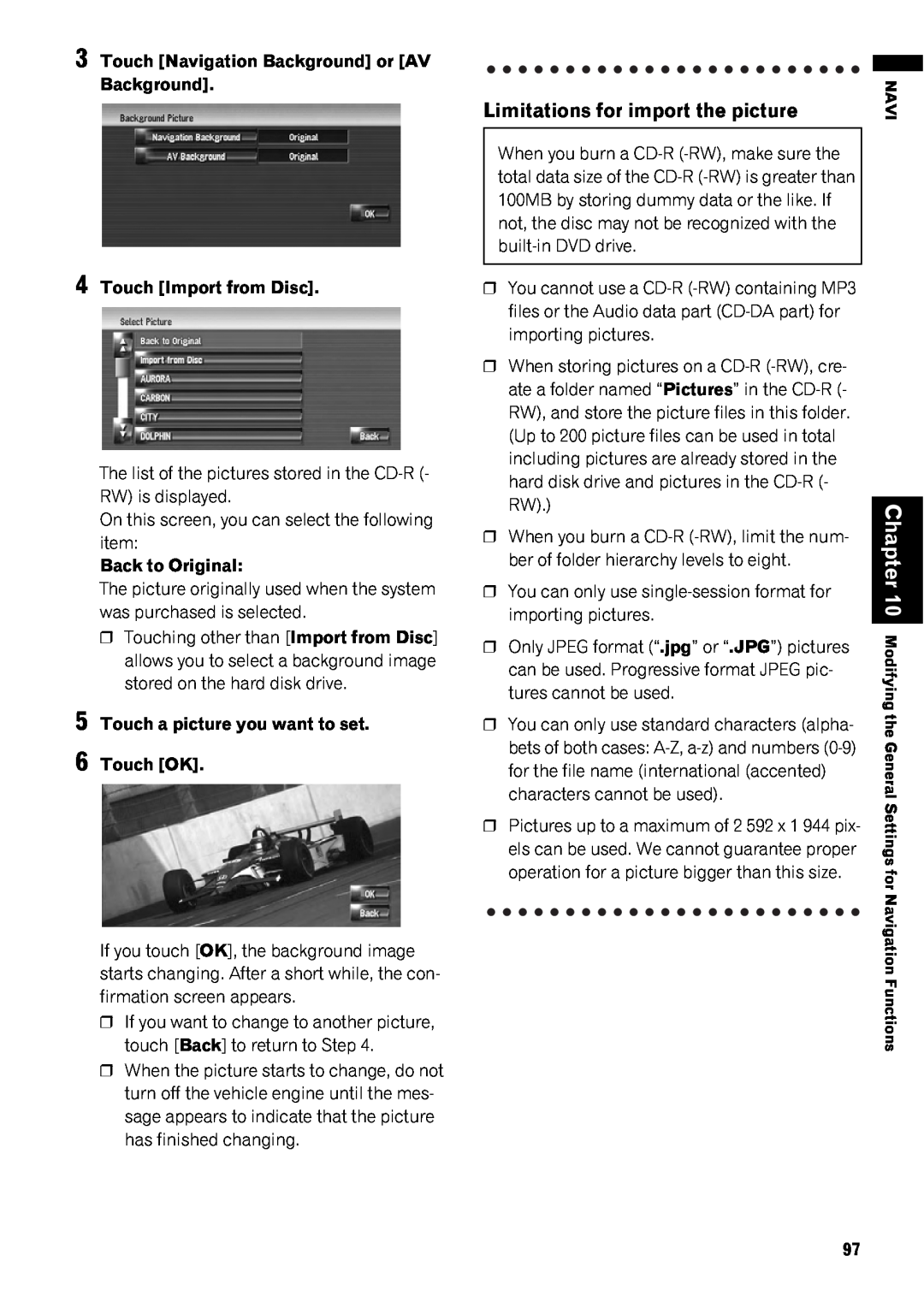 Pioneer AVIC-Z1 operation manual Limitations for import the picture, You cannot use a CD-R -RW containing MP3 