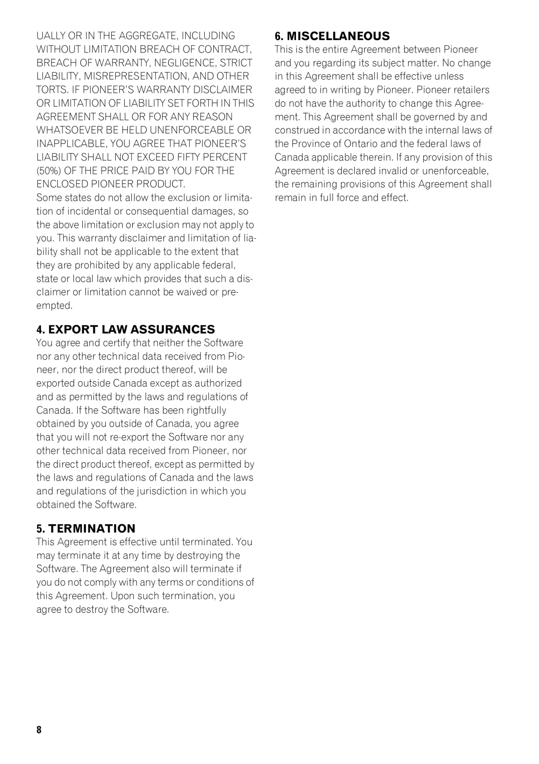 Pioneer AVIC-Z1 operation manual Export LAW Assurances 