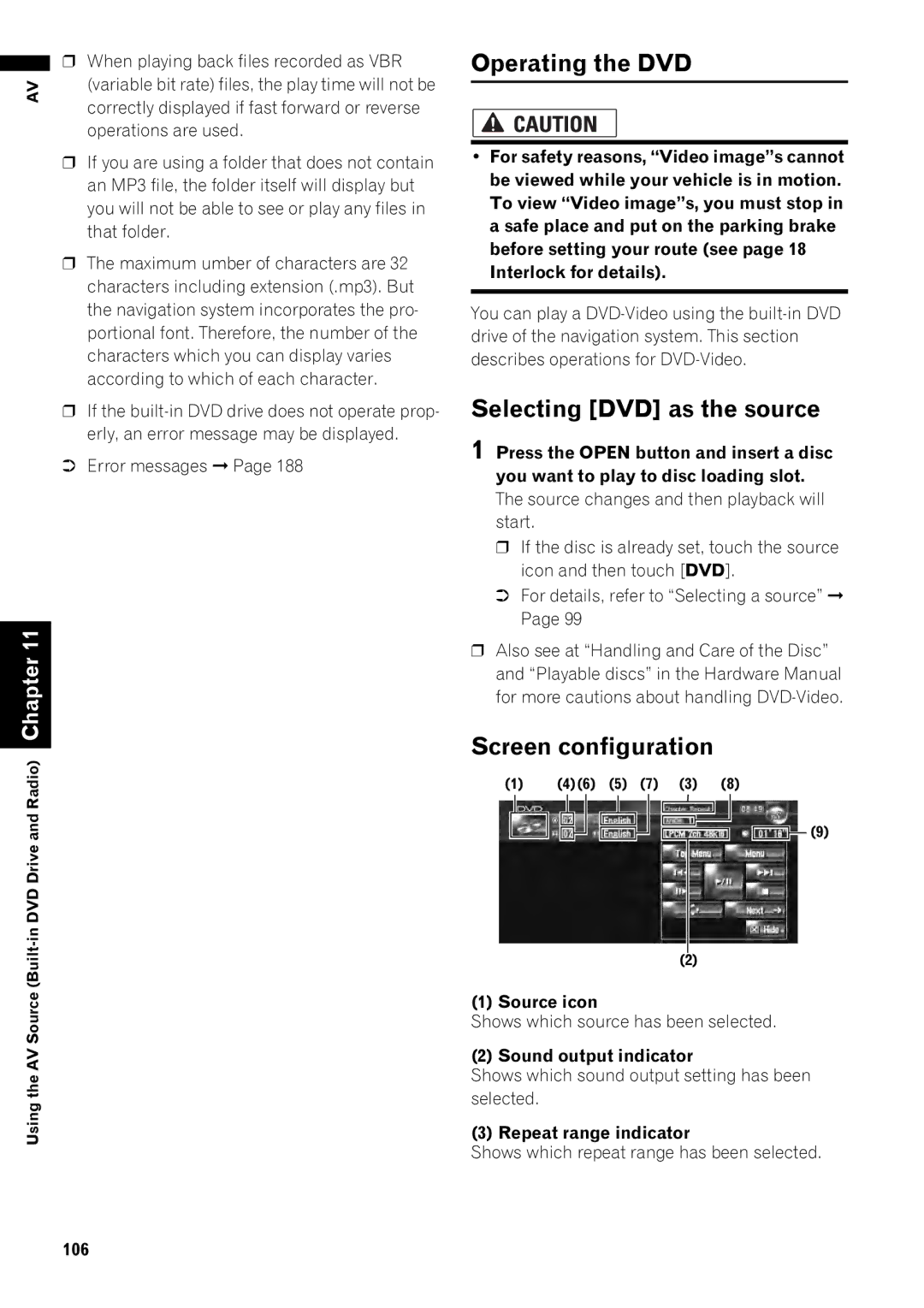 Pioneer AVIC-Z1 operation manual Operating the DVD, Selecting DVD as the source, When playing back files recorded as VBR 